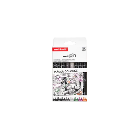 UNI PIN 8 darabos rajzmarker készlet Manga színek (0.5méret fekete, s. szürke, v. szürke, narancs, rózsaszín és zöld, fekete 1.2 és ecset)